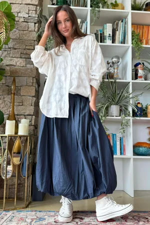 Paloma Bubble Hem Midi Skirt Navy 